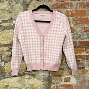 Sioni Pink and White Checkered V-Neck Cardigan